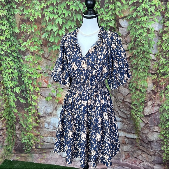 THML Navy and Tan Shirred Waist Puff Sleeve Midi Dress, S - Picture 13 of 13